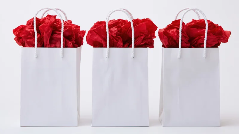 Three white paper gift bags filled with red tissue paper standing in a row on a white surface