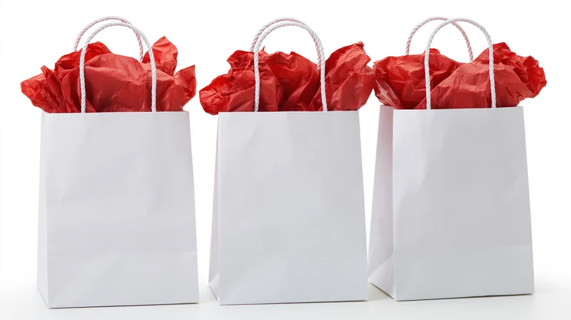 Three white paper gift bags filled with red tissue paper standing in a row on white background