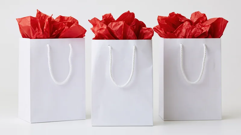 Three white paper gift bags with red tissue paper standing in a row on a white surface