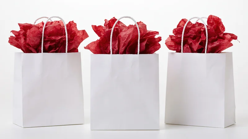 Three white paper gift bags filled with red tissue paper standing in a row on a white surface