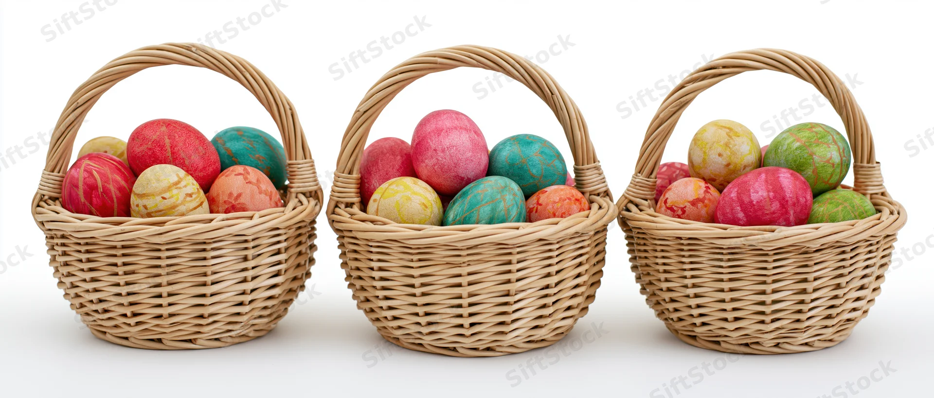 Three wicker baskets filled with hand-painted colorful eggs arranged in a row on a white background