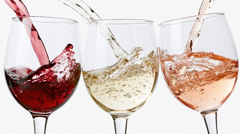 Three wine glasses side by side with red, white and rose wine being poured into them against a white background