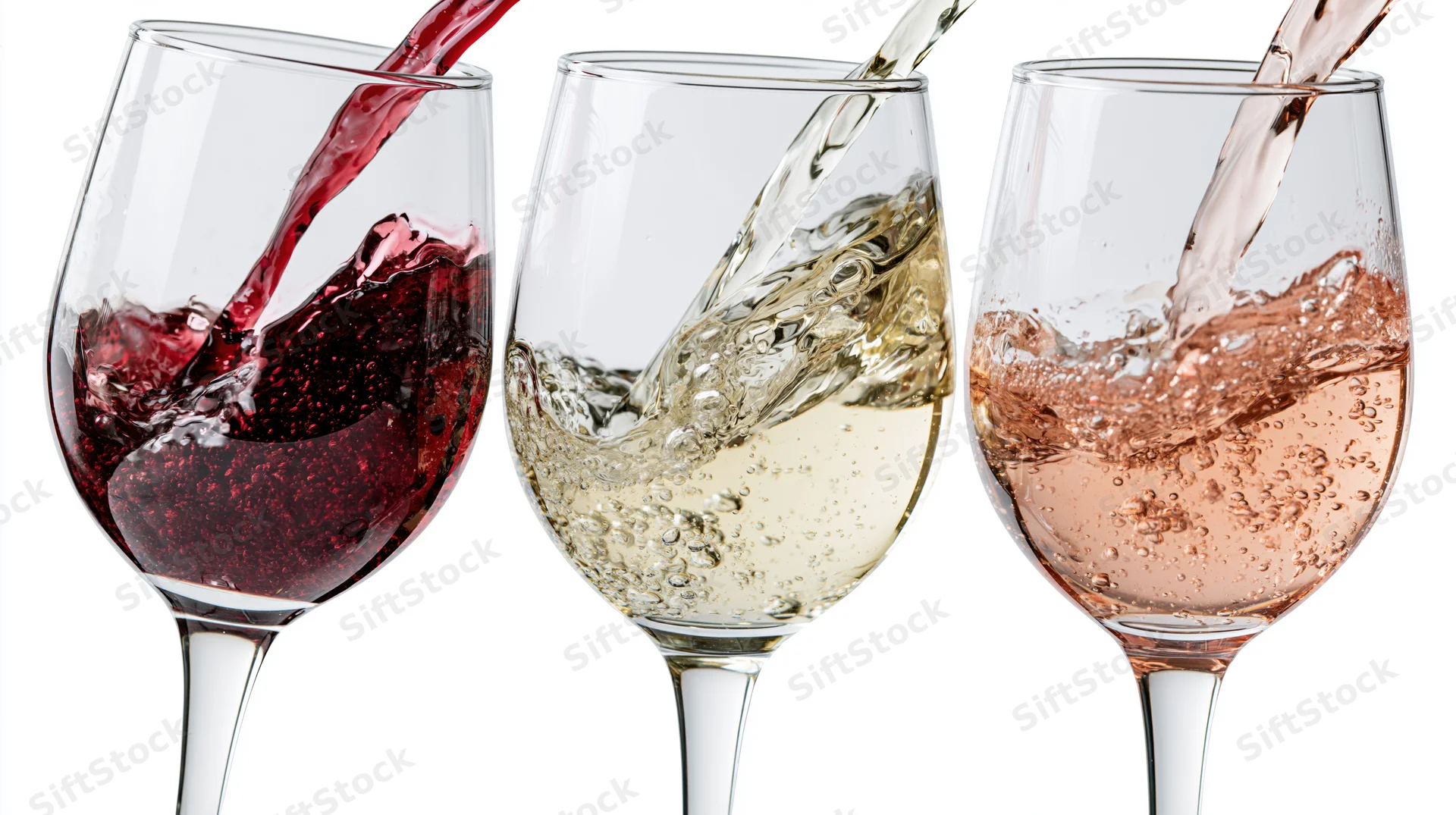 Three wine glasses side by side with red, white and rose wine being poured into them against white background