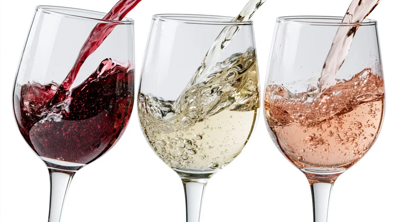 Three wine glasses side by side with red, white and rose wine being poured into them against white background