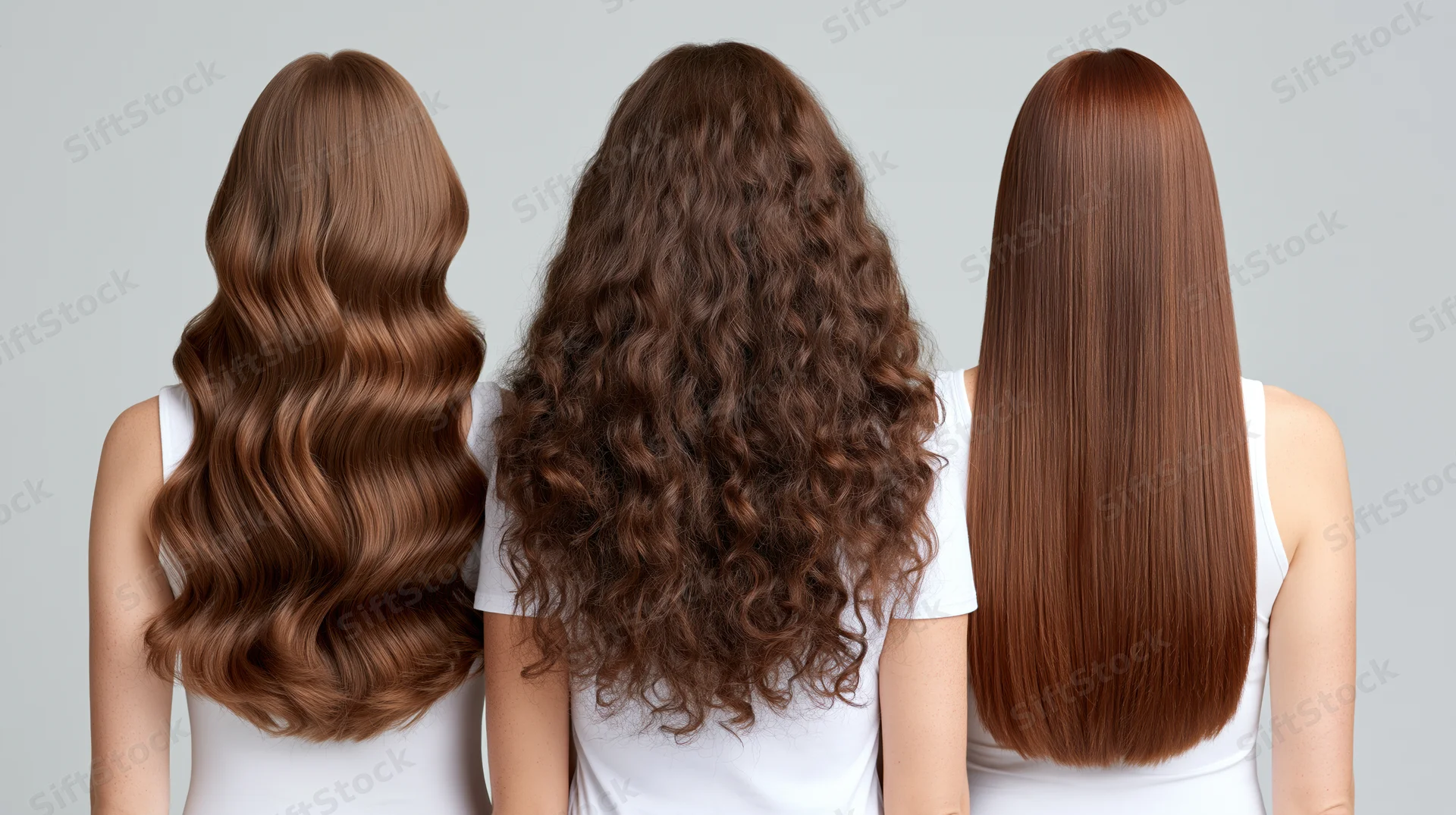 Three women from behind showing different long brown hairstyles in a studio setting