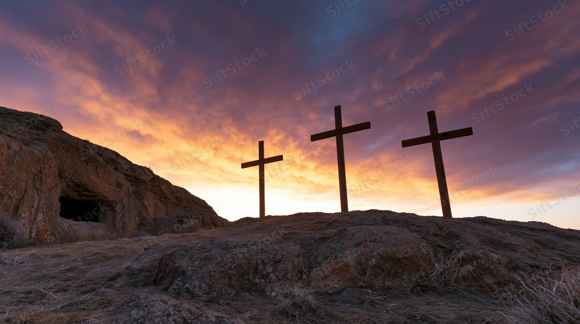 Three wooden crosses silhouetted on a rocky hill at sunrise