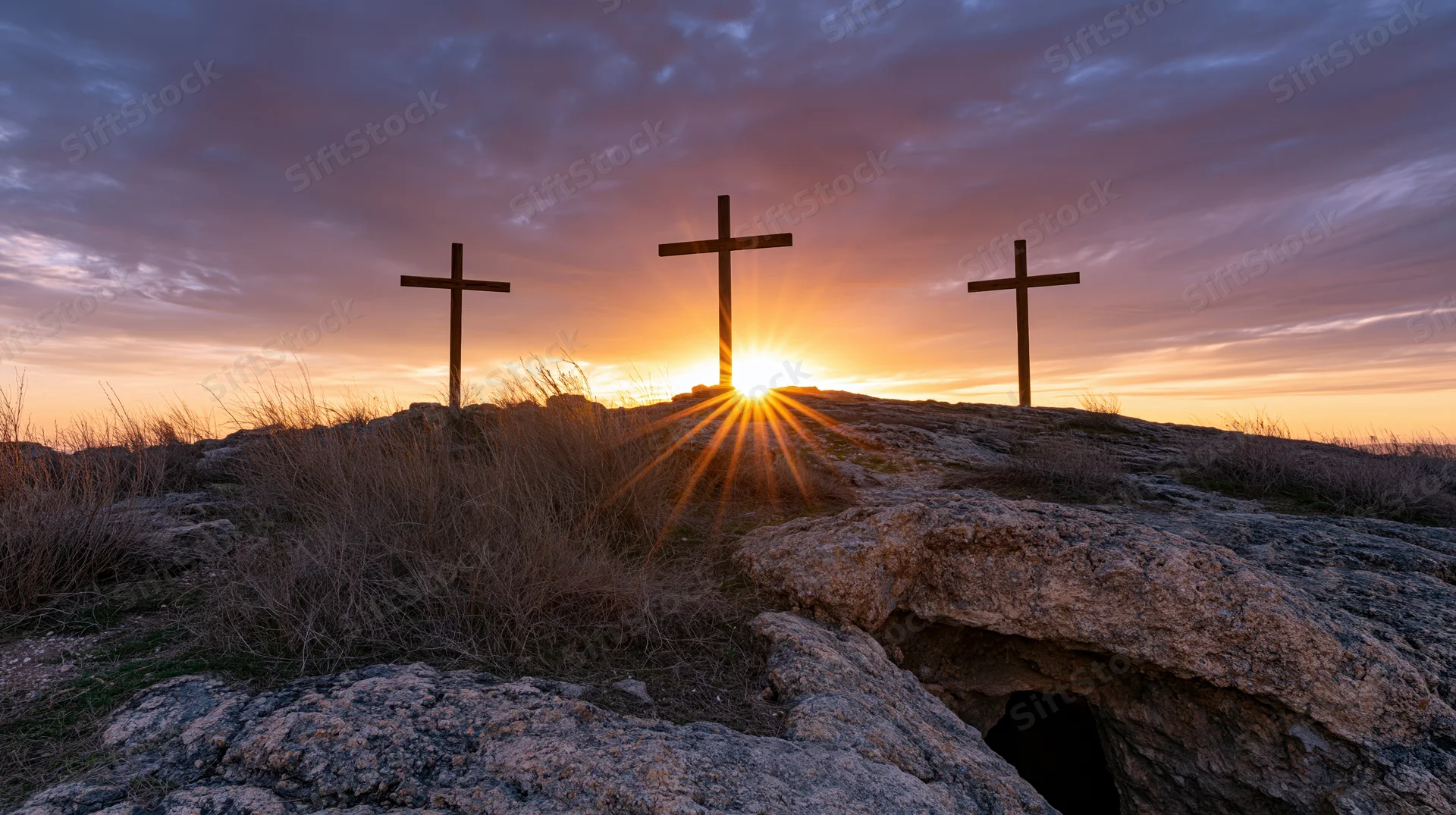 Three wooden crosses silhouetted on a rocky hilltop at sunset