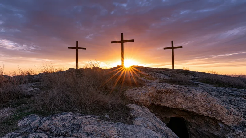Three wooden crosses silhouetted on a rocky hilltop at sunset
