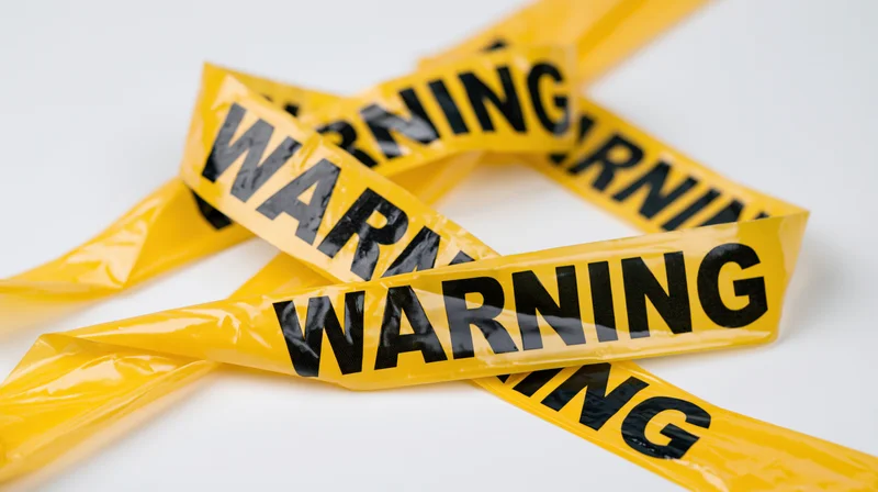 Yellow plastic warning tapes crossed over each other on white background