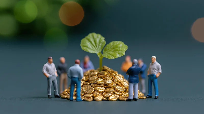 Miniature figurines of people gathered around a mound of gold coins with a green sprout growing from it