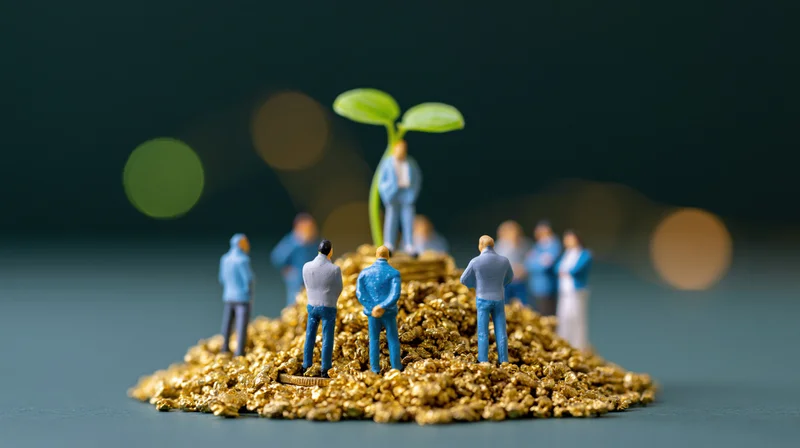 Miniature figurines of people gathered around a mound of gold coins with a green sprout growing from the center