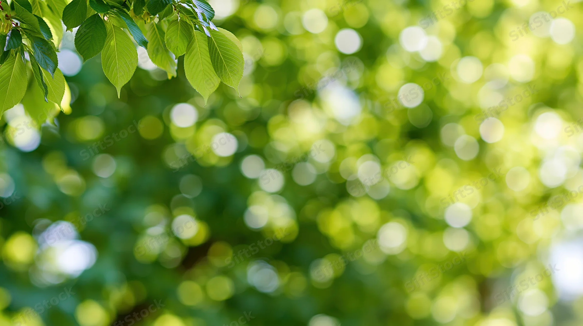 Tree leaves in upper left corner with blurred green foliage and sunlight bokeh in background