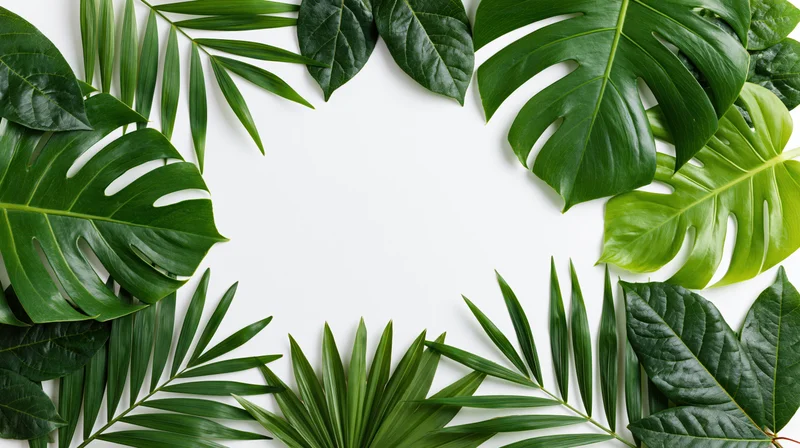 Tropical leaves arranged as a flat lay border frame around a white background with copyspace