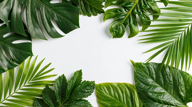 Tropical leaves arranged as a flat lay border frame around a white background with copyspace
