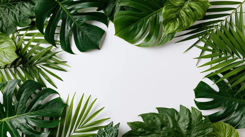 Tropical leaves arranged as a flat lay border frame around a white background with copyspace