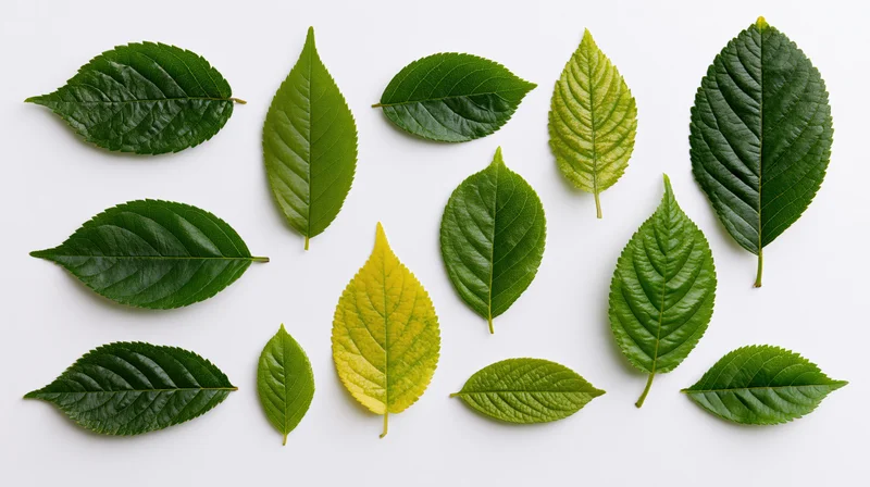 Twelve green leaves of different shapes and sizes arranged on a white background