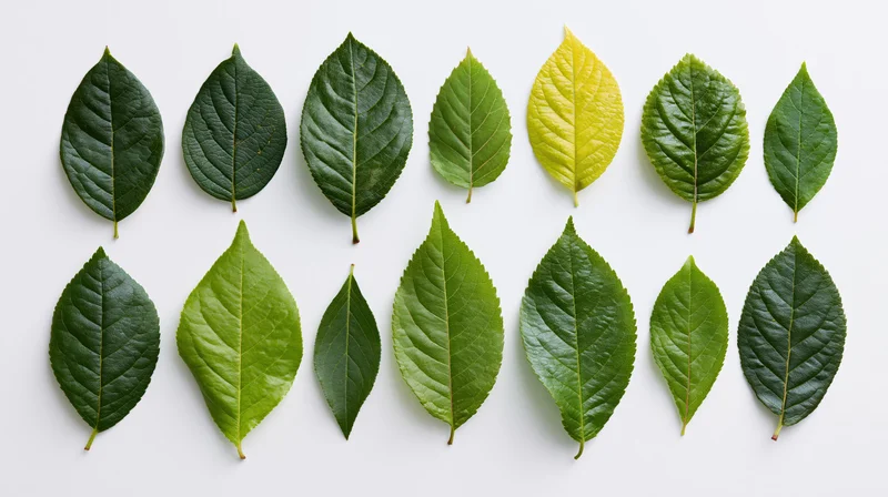 Twelve leaves of varying sizes and shades arranged in two rows on a white surface