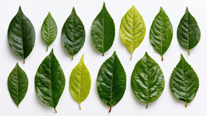 Twelve green leaves of different sizes and shapes arranged in rows on a white background