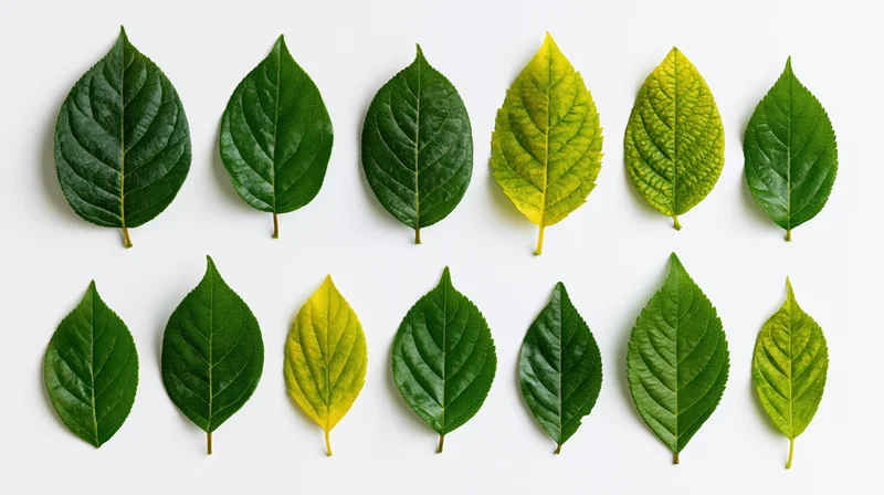 Twelve leaves arranged in two rows on white background showing green to yellow color variation