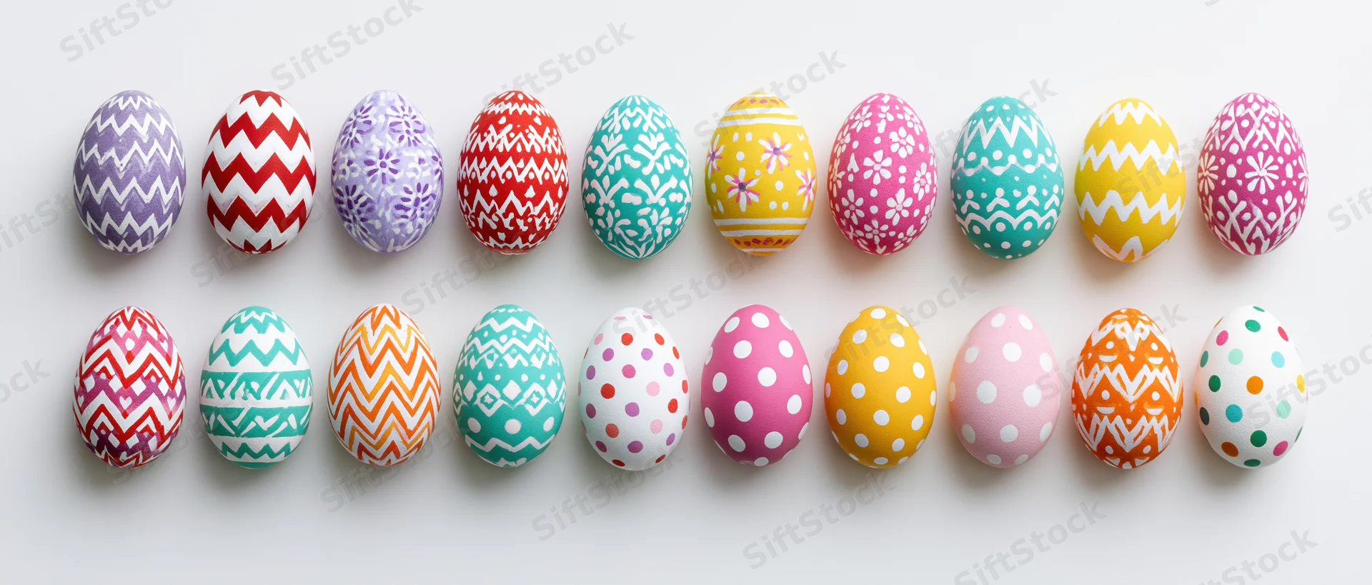 Twenty-four decorated easter eggs arranged in two rows on white background