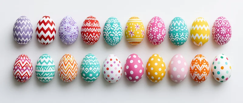 Twenty-four decorated easter eggs arranged in two rows on white background