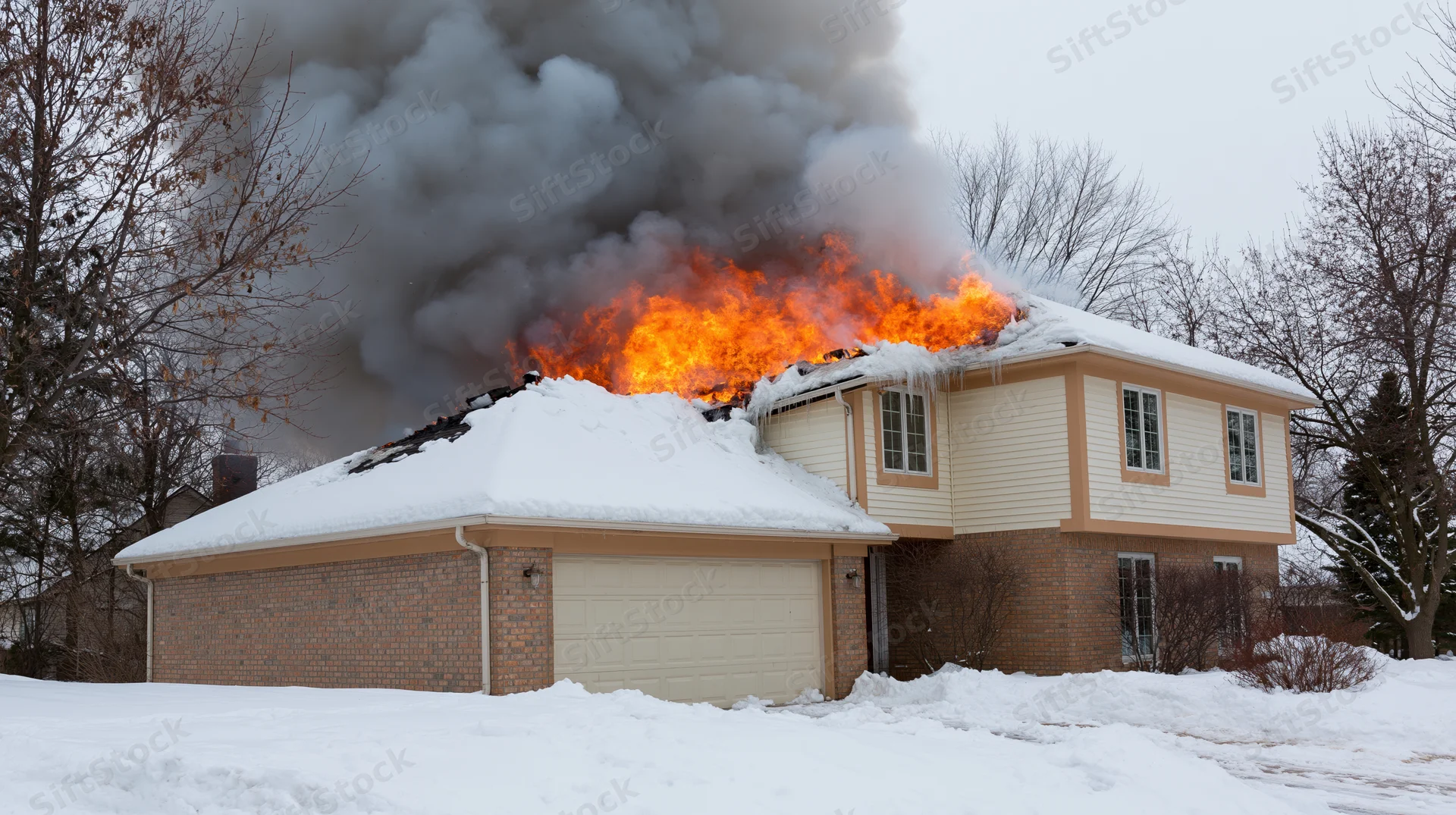 Two-story suburban house with roof engulfed in flames and thick smoke during winter snowfall