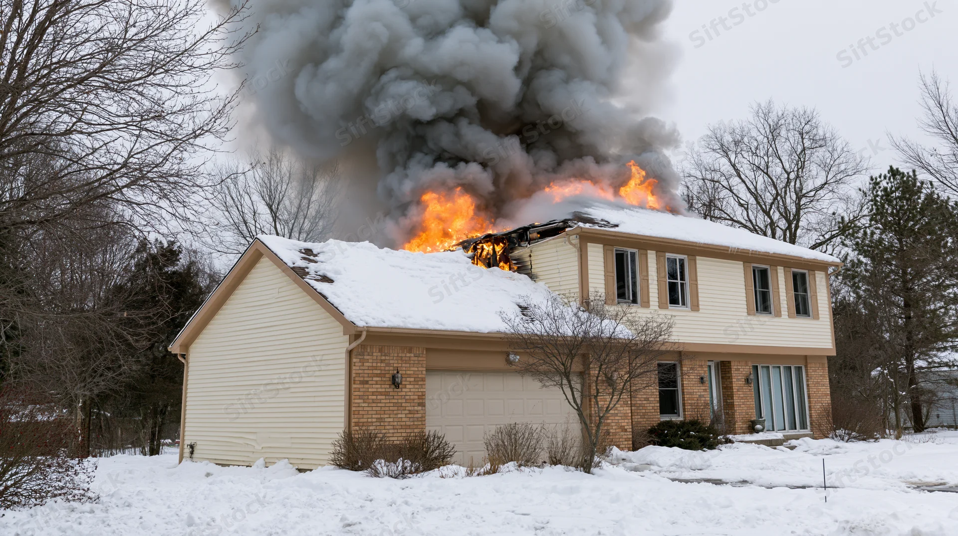 Two-story suburban house with roof engulfed in flames and thick smoke during winter snowfall