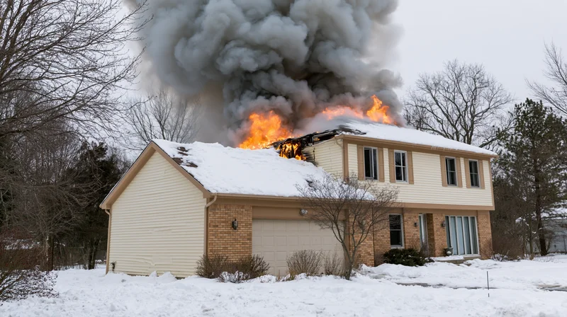 Two-story suburban house with roof engulfed in flames and thick smoke during winter snowfall