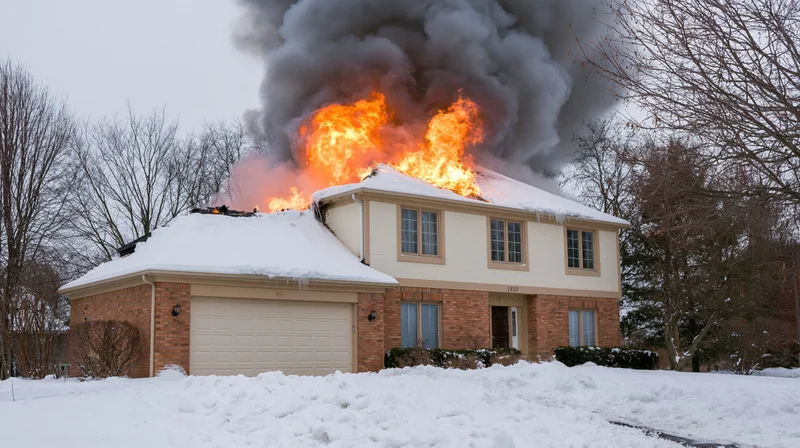 Two-story suburban brick house with roof engulfed in flames and thick smoke during winter snowfall