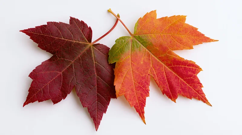 Two overlapping maple leaves in autumn colors on white background