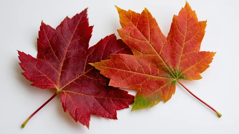Two autumn maple leaves overlapping on white surface