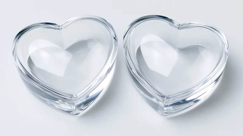 Two clear acrylic heart-shaped containers side by side on white background