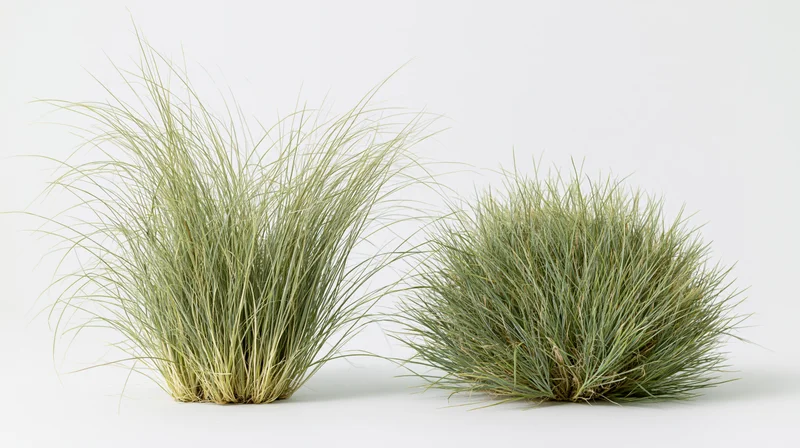 Two clumps of ornamental grass side by side on white background
