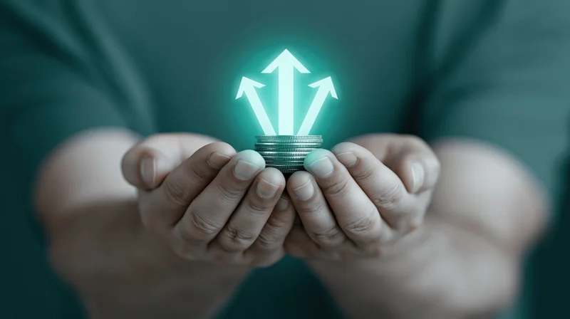 Hands cupped around stacked coins with glowing upward arrows symbolizing financial growth