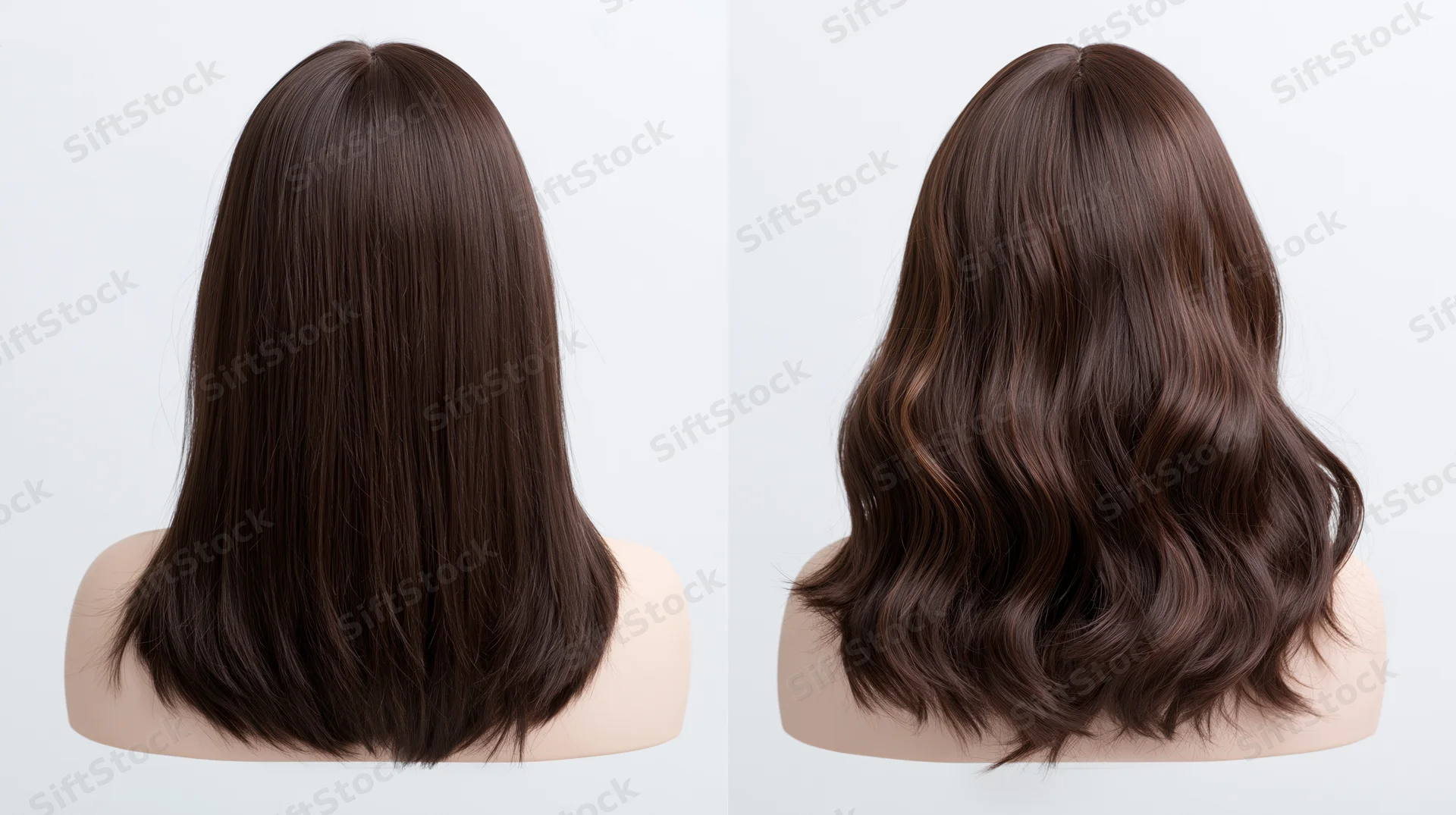 Two dark brown wigs, one straight and one wavy, displayed side by side on mannequin torsos against white background