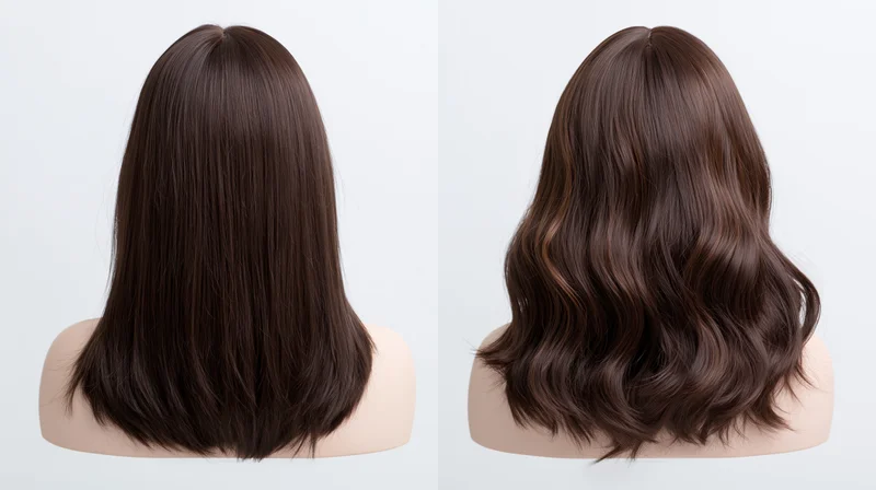 Two dark brown wigs, one straight and one wavy, displayed side by side on mannequin torsos against white background