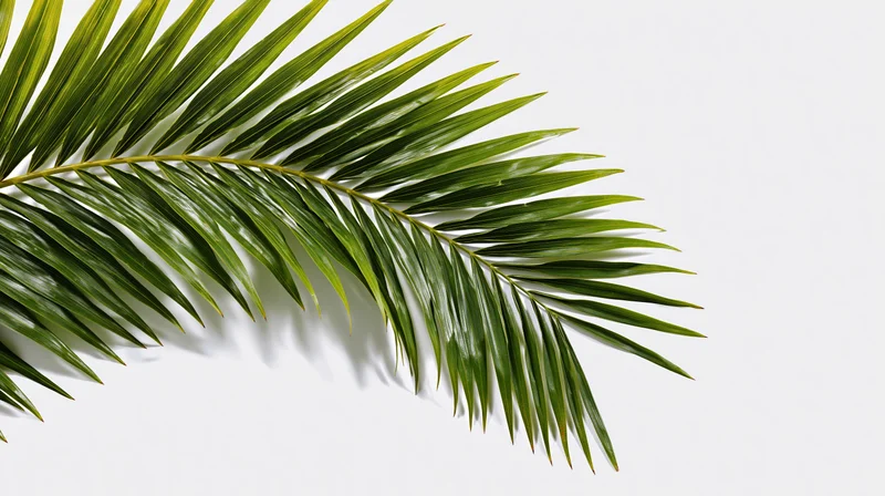 Palm frond arching from left edge on white background with copyspace