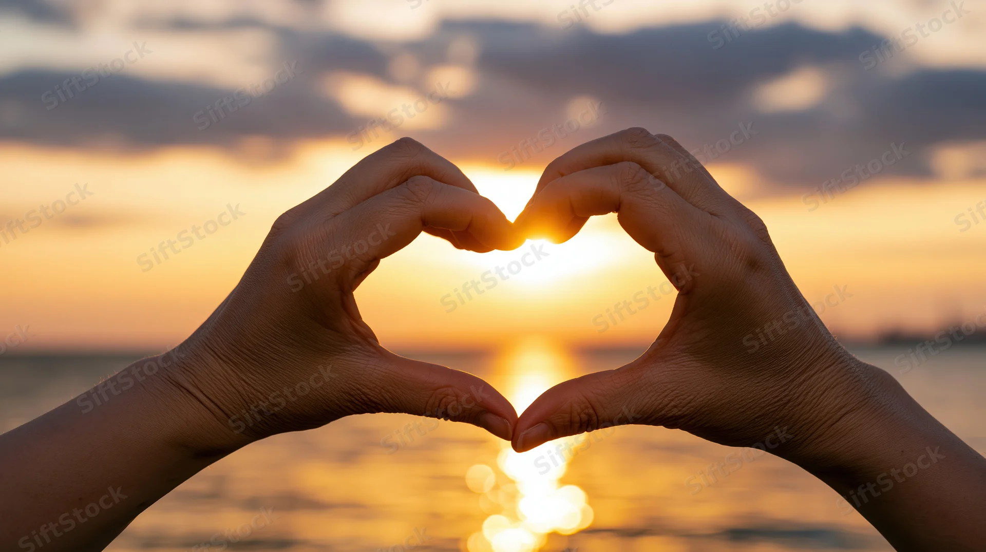 Hands forming heart shape against sunset over ocean