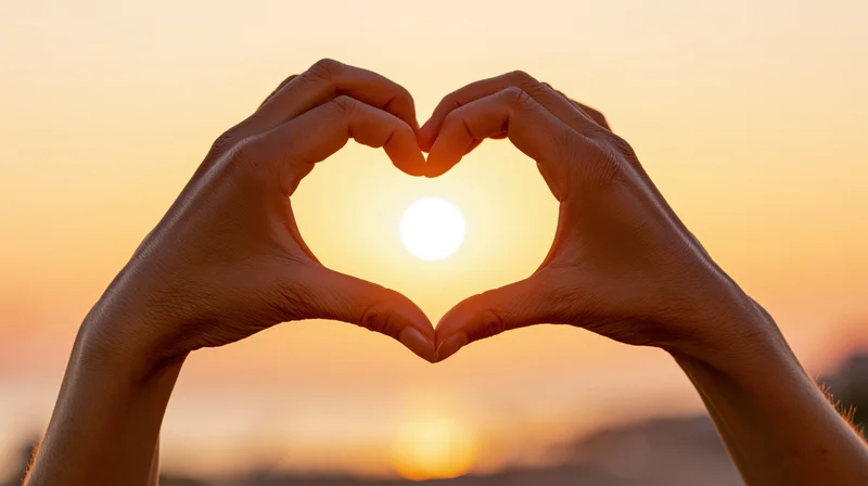 Hands forming a heart shape framing the sun at sunset