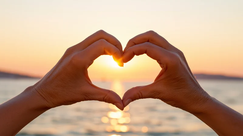Hands forming a heart shape against a sunset over the ocean