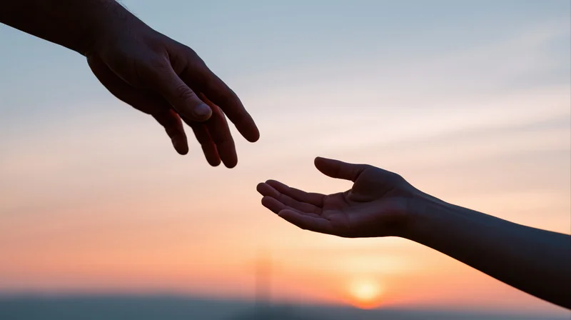 Two hands reaching toward each other against a sunset sky