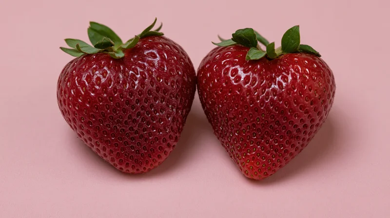 Two heart-shaped strawberries with green leaves placed side by side on a pink surface
