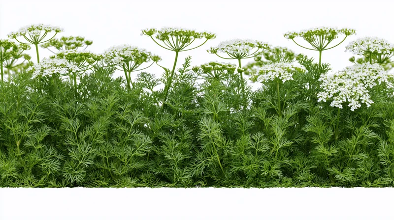 Flowering coriander herb plants in horizontal strips against white background