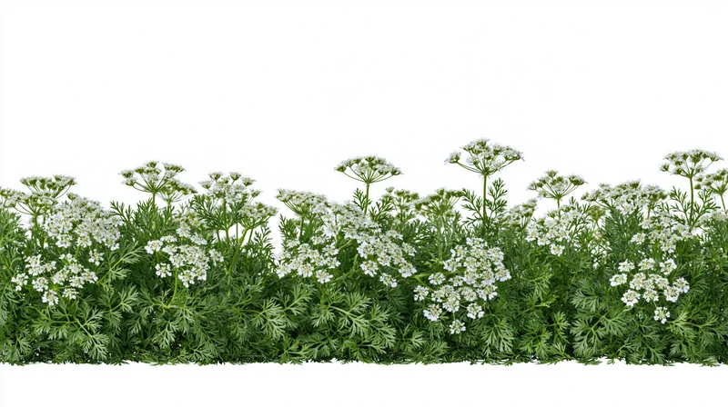 Flowering coriander herb plants arranged in a horizontal strip against a white background
