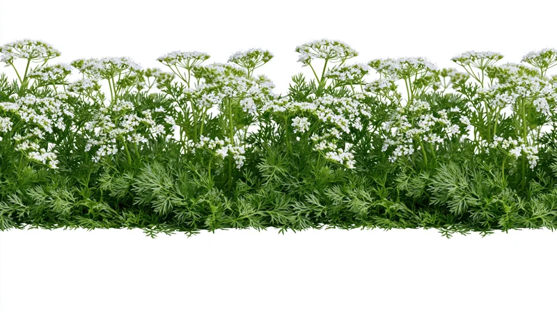 Horizontal strip of flowering coriander herb plants with green foliage and white blooms isolated on white background
