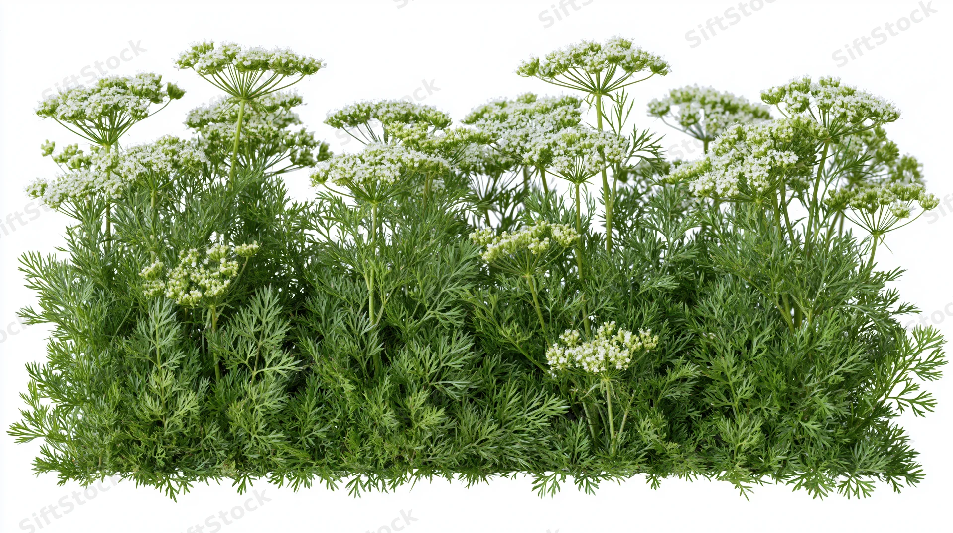 Flowering coriander herb plants arranged in horizontal strips against white background