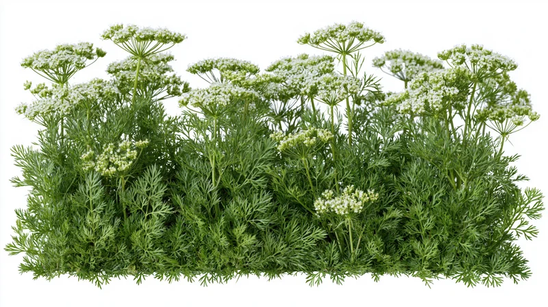 Flowering coriander herb plants arranged in horizontal strips against white background
