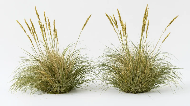 Two clumps of ornamental grass with tall seedheads on a white background