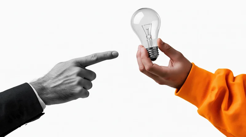 One hand in a suit pointing at another hand holding a lightbulb against a white background