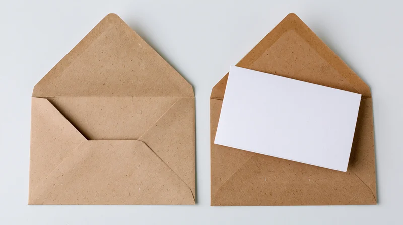 Two open kraft paper envelopes side by side with one holding a blank white card on a plain surface